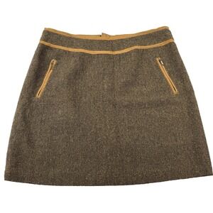 Tweed Wool Blend Skirt Brown Bob Timberlake Size 14 Poly Suede‎ Trim Zip Pockets